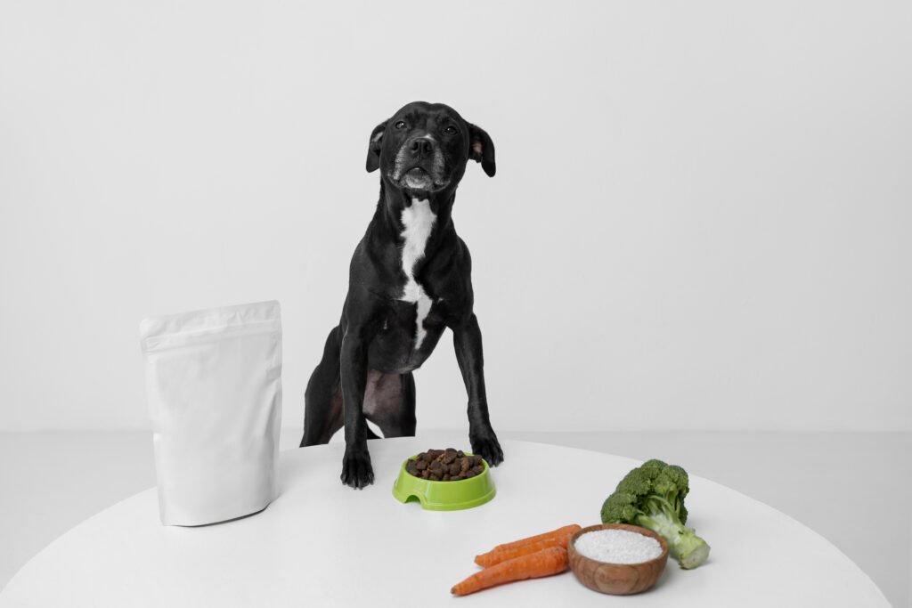 A black dog standing beside a bowl of dog food, a bag of pet food, and fresh vegetables including carrots, broccoli, and rice.