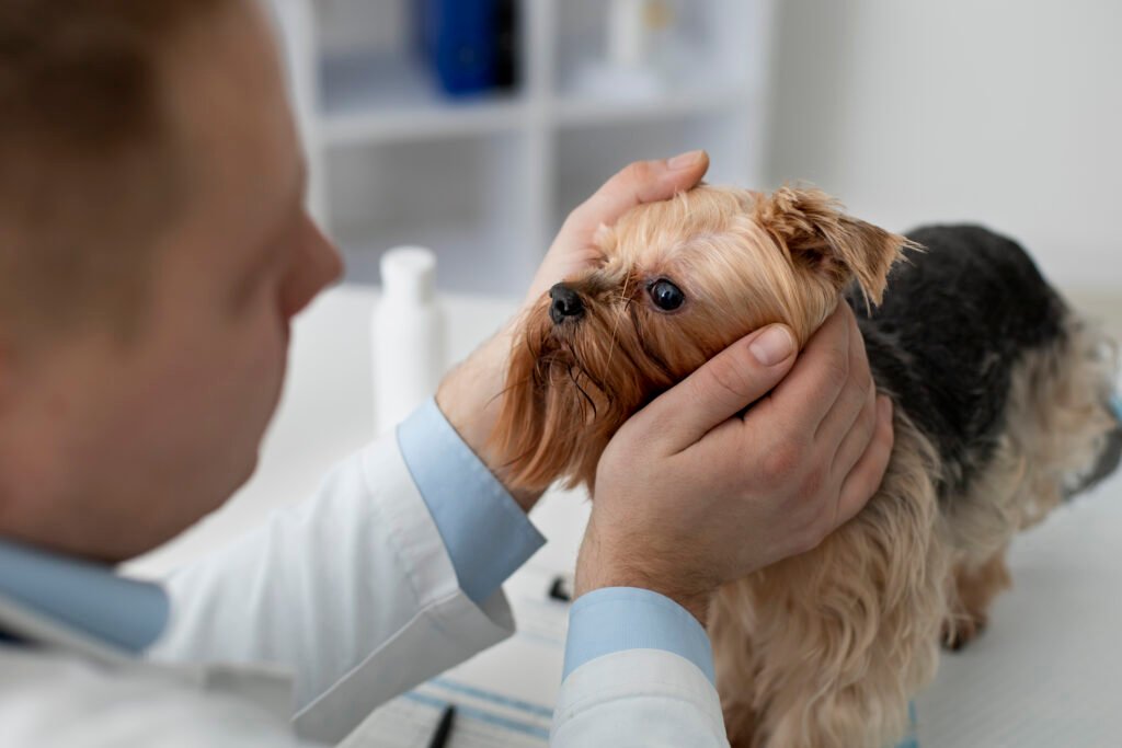 Veterinarian gently examining a small Yorkshire Terrier dog, showcasing pet care and health checkup.