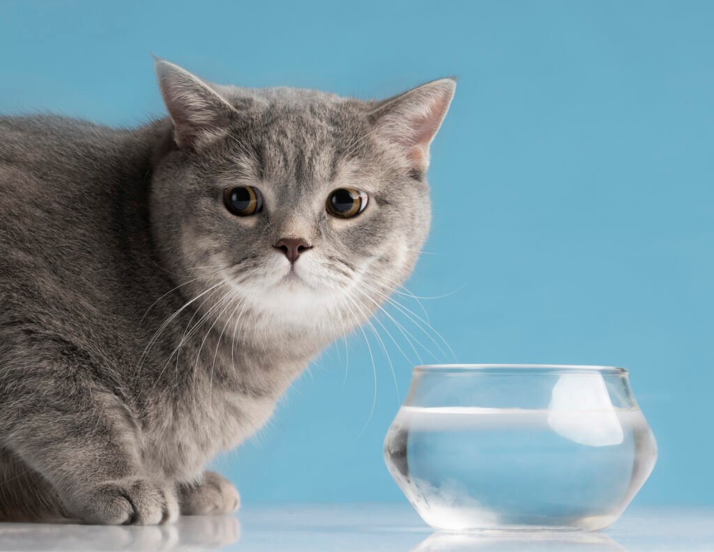 a cat and a bowl of water