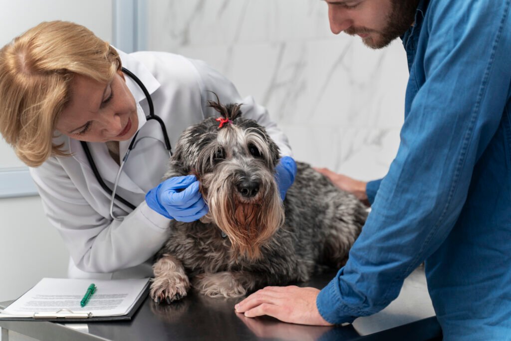 a man and woman with a stethoscope examining a dog