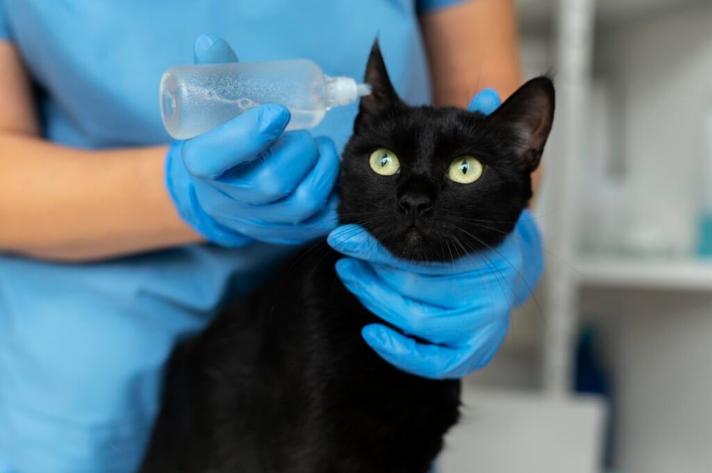 a person in blue gloves holding a cat