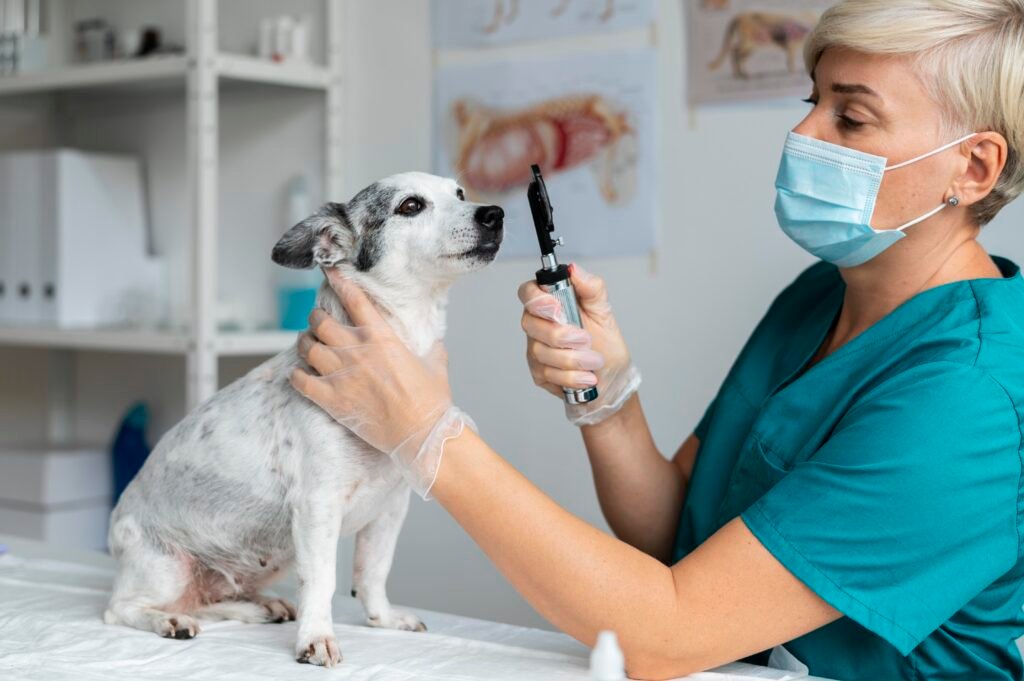 a woman wearing a mask and gloves holding a dog