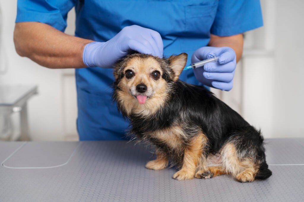 a dog being vaccinated by a doctor