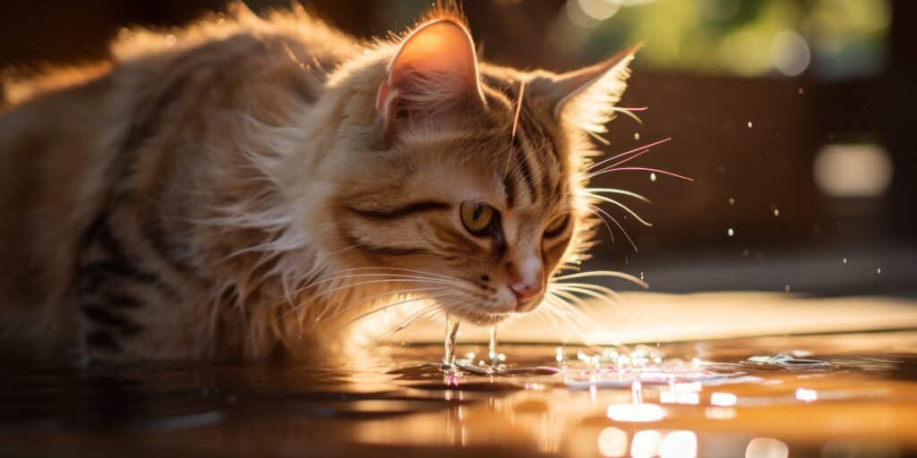 a brown cat is drinking water