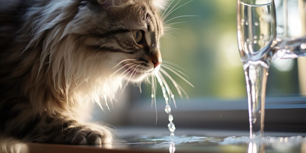 A fluffy cat drinking water from a unique water dispenser. The water flows gently as the cat looks closely at it, with its whiskers and fur illuminated by soft natural light.