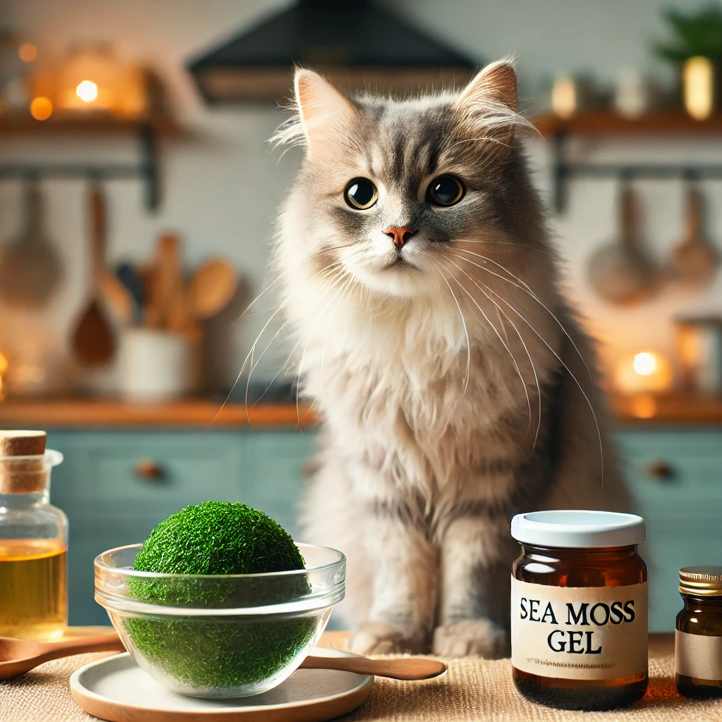 do cats like sea moss. A curious cat observing a bowl of sea moss gel in a cozy kitchen environment with natural decor.