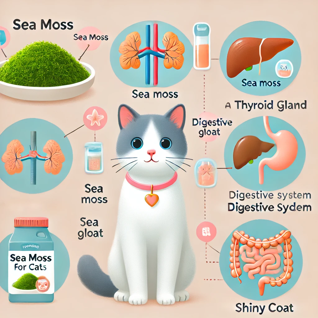 Infographic of sea moss benefits for cats, featuring labeled visuals of nutrients and a happy, healthy cat.