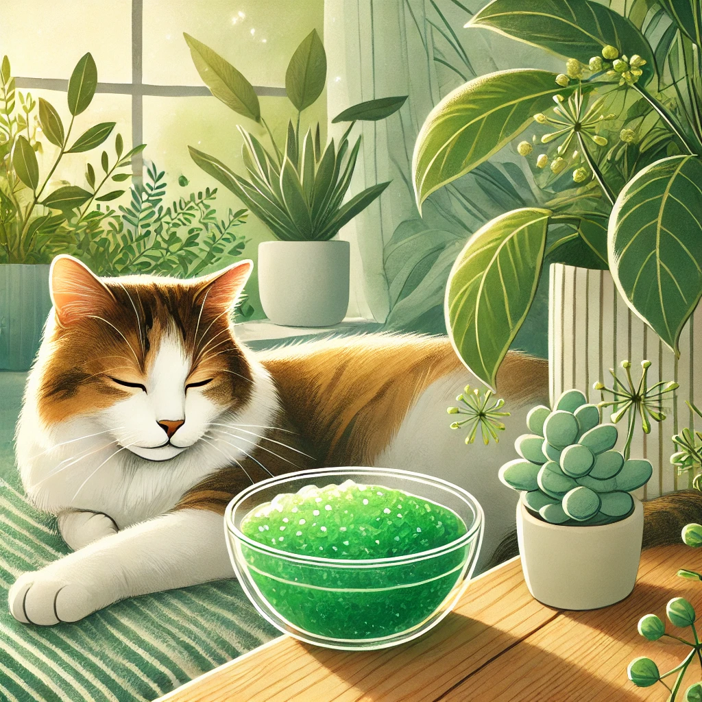 A serene scene of a relaxed cat beside a bowl of sea moss, with a natural backdrop of plants and warm sunlight.