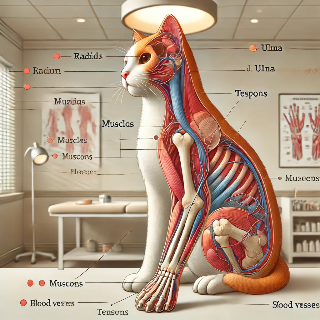 "An educational illustration of a cat's forelimb anatomy, showing the radius and ulna bones highlighted with labeled muscles, tendons, and blood vessels. The diagram includes callouts for cat bump after break radius and the fracture site and the healing process, with a subtle veterinary clinic background."