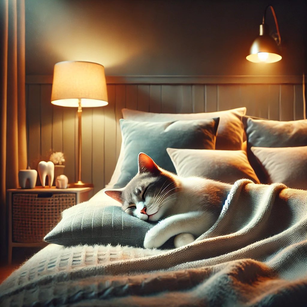 A serene bedroom scene with the recovering cat resting on a soft blanket, surrounded by pillows, and a dimly lit lamp emphasizing relaxation.