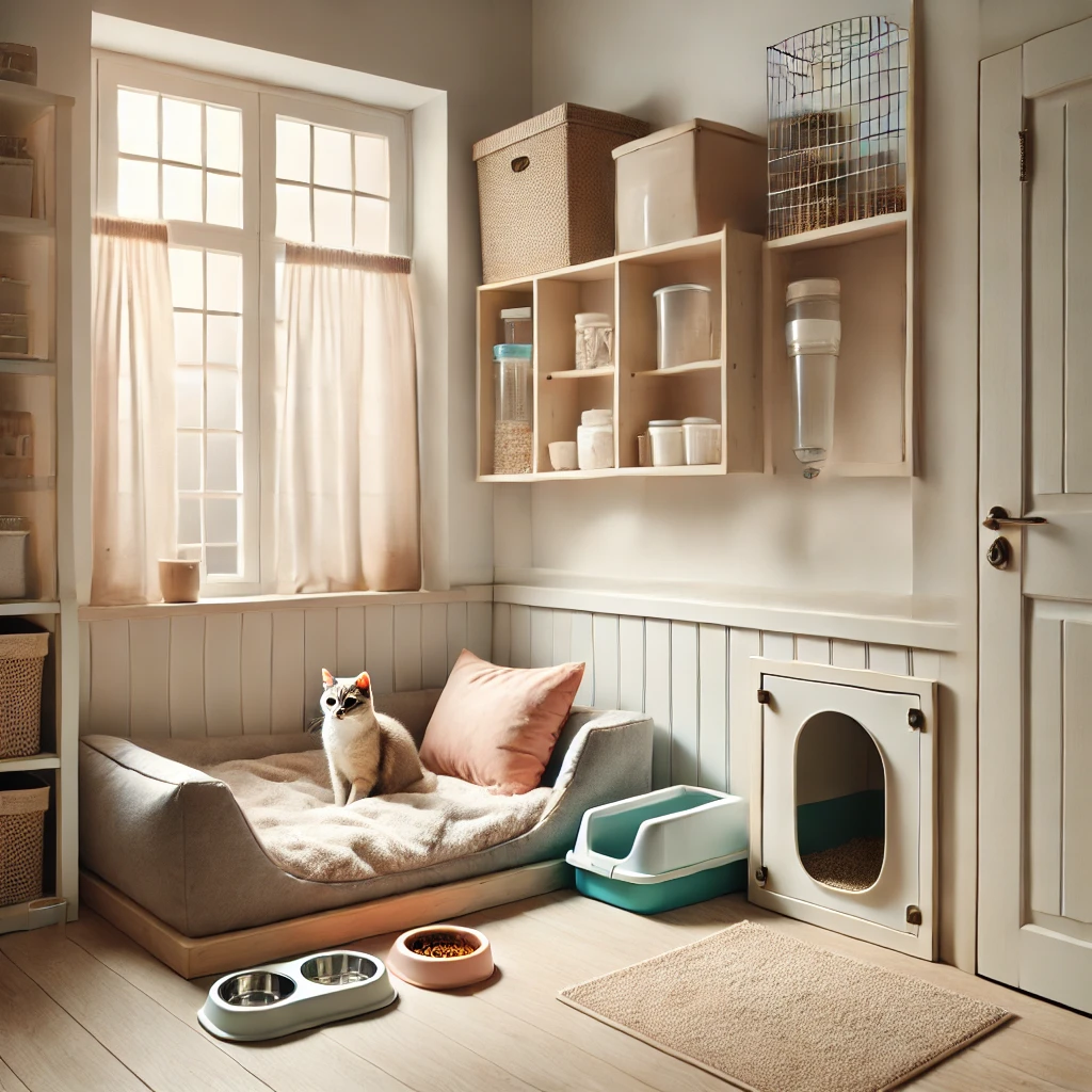 A cozy and isolated room prepared for quarantining a stray cat, with a comfortable bed, food and water bowls, and a litter box. Soft lighting and neutral pastel hues create a peaceful atmosphere with a window allowing natural light and a slightly ajar door for ventilation.