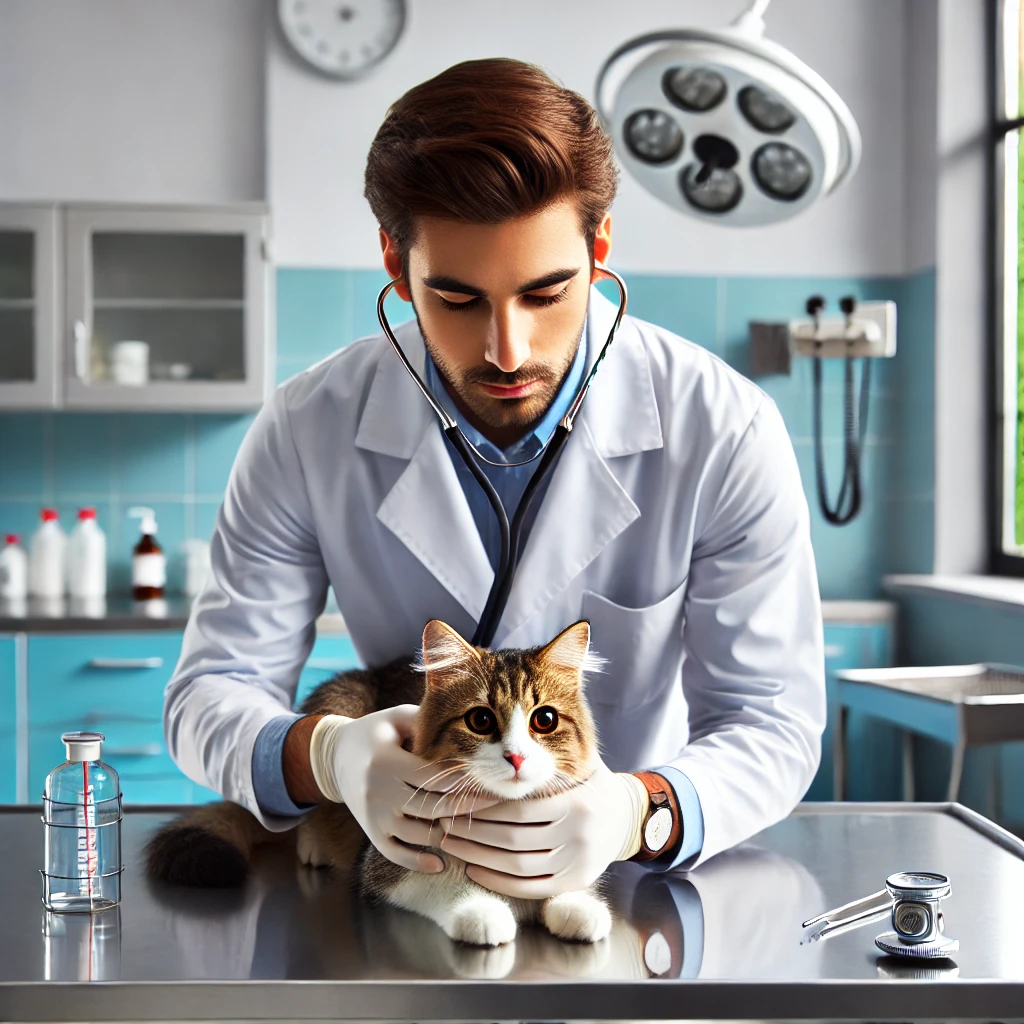 A veterinarian in a lab coat gently examines a stray cat on an examination table. The vet checks the cat’s ears and eyes, with medical equipment like a stethoscope and thermometers nearby. The veterinary clinic is bright, clean, and sterile, with a calming blue and white color palette.