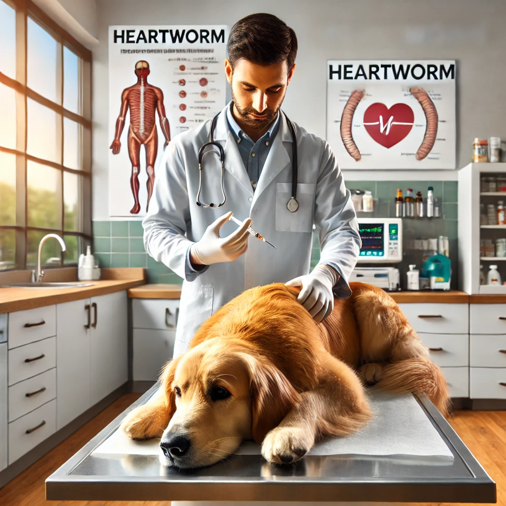 "A veterinary clinic with a veterinarian administering a heartworm injection to a dog. The dog is lying calmly on an examination table, with a heartworm chart on the wall. The clinic is clean and well-lit, with medical equipment in the background."