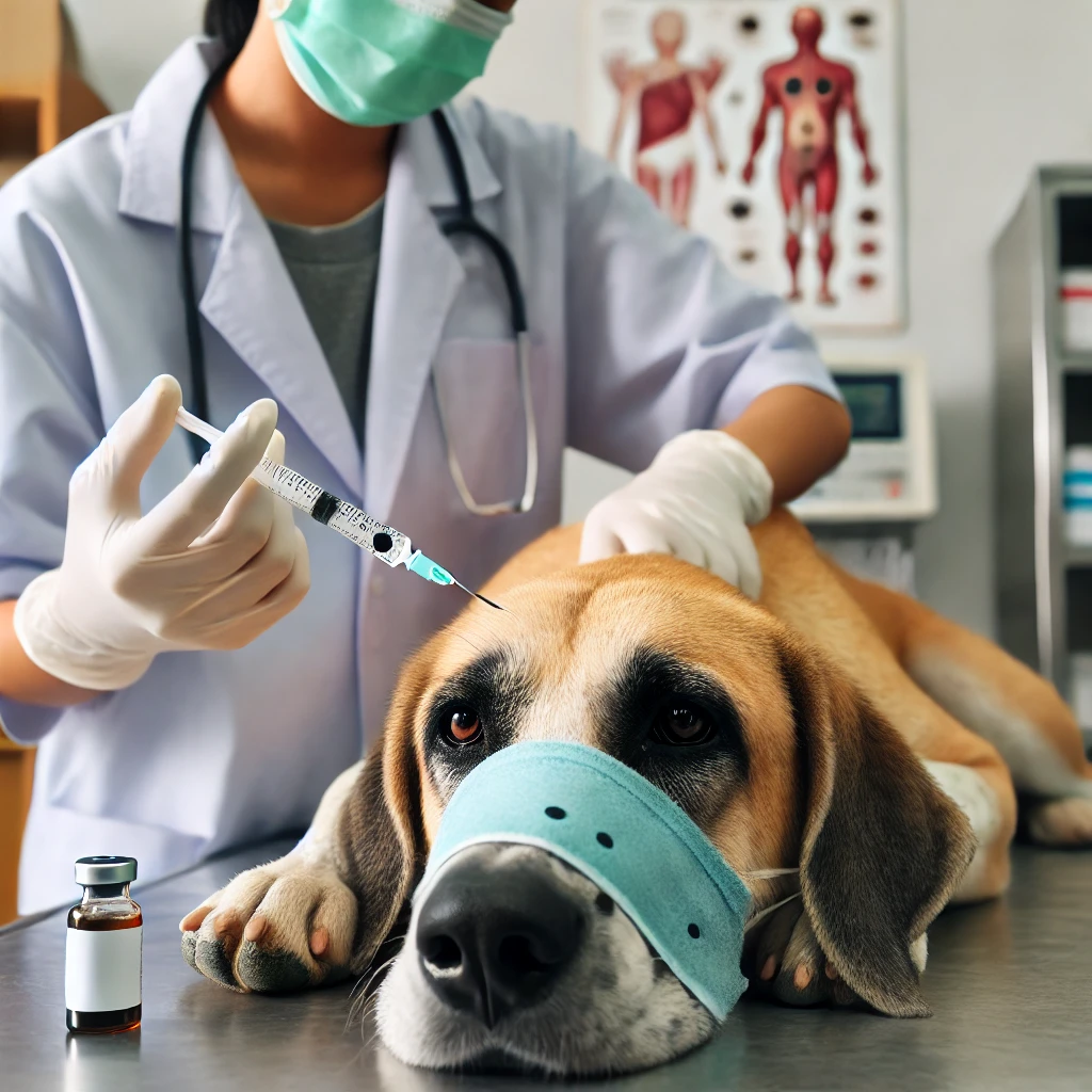 "A close-up of a veterinarian administering a heartworm injection to a calm dog lying on an examination table. The focus is on the injection site on the dog's lower back. Medical equipment is visible in the background, and a heartworm prevention poster is hanging on the wall. The scene conveys a professional and caring clinic atmosphere."