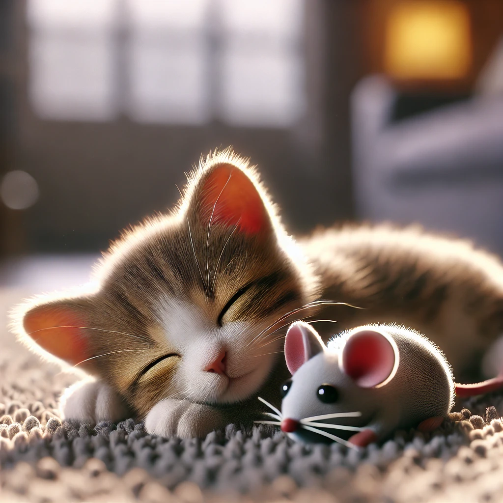 A playful kitten napping beside a toy mouse on a soft rug.